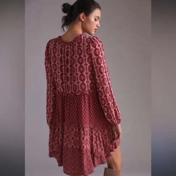 Anthropologie Dress Long Sleeve Tiered Skirt V-Neck Mini Knee Length Loose Fit L - Picture 14 of 15